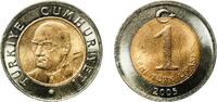 Turkey 1 Lira Turkey Republic 2005 1 Yeni Lira Bimetallic: nickel brass centre in nickel brass ring (Core: 81% Copper, 4% Nickel, 15% Zinc - R -