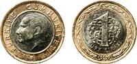 Turkey 1 Lira Turkey 2009 1 Lira (heavy type) Bimetallic: copper-nickel centre in brass ring (Core: 75% Copper, 15% Nickel, 10% Zinc - Ring: 8 -