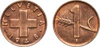 Switzerland (1848-date) 1 Rappen Switzerland Federal State 1948 B 1 Rappen (wheat spike) Bronze (95% copper, 4% tin, 1% zinc) Bern Mint (10500000) 1.49g AU HMZ -