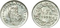 Switzerland (1848-date) ½ Franc Switzerland Federal State 1951 B ½ Franc (Helvetia standing; silver) Silver (.835) (.165 copper) Bern Mint (8530000) 2.54g UNC -