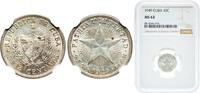 Cuba 10 Centavos Cuba First Republic 1949 10 Centavos Silver (.900) (silver 90%, copper 10%) Philadelphia Mint (9880000) 2.5g NGC MS 62 KM A12 Y -