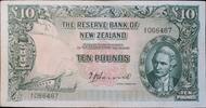 New Zealand Ten Pounds 1955 Twelve known serial numbers of the Hanna 4/F Ten pound note. Very rare. Fine