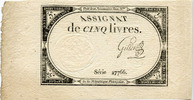 Assignats Assignat de cinq livres, serie 27766, Quelques rousseurs sinon SUPERBE -