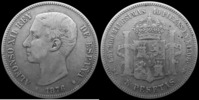 Espagne, Spain 5 pesetas Espagne, spain, Alphonso XII, 5 pesetas 1876 DE M , KM.671 TB à TTB -