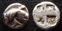 Ionie Téos, Ionia Téos IONIE, IONIA, Téos, vers 460-420 avant JC, Tetartemorion, tête de griffon, carré creux, 5,5 mm, 0,24 grm, SNG Kayhan 602 variant -