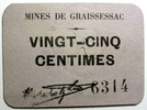 Numismatique des mines MINES DE GRAISSESSAC, Carton de Vingt cinq centimes, tampon sec, fleuron losange, SUPERBE -