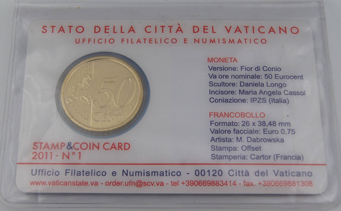 Vatikan 50 Cent Vatican City Stamp Coin Card 2011 No.1 BU im