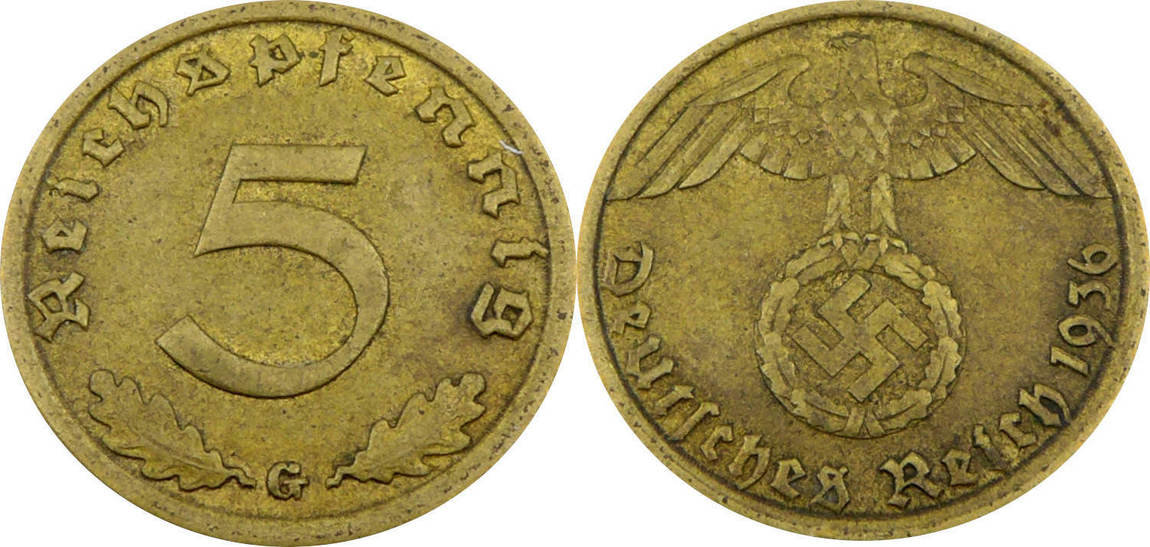 Drittes Reich 1936 G Jaeger 363 - 5 Reichspfennig - J.363 gutes EF