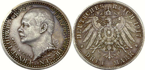 3 Mark 1917 A Ernst Ludwig (1892-1918) - Großherzog von Hessen - Drei Mark - J.77 VF+, mit Patina