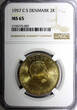2 Kroner DENMARK Frederik IX Aluminum-Bronze 1957 C S  NGC MS65 Rainbow KM# 838.2