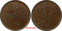 Finland 5 Pennia Finland Russian Nicholas II Copper 1908 Choice XF Condition KM# 15 (0) -
