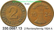Weimarer Republik 2 Rentenpfennig 1924 A J.307 . 330.0687.13 ss 0.30 £  +  41.40 £ shipping