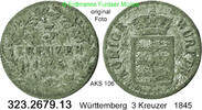 Württemberg 3 Kreuzer 1845 Wilhelm I. 1816-1864 . 323.2679.13 ss 2.60 £  +  41.40 £ shipping