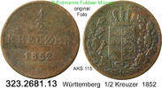 Württemberg 1/2 Kreuzer 1852 Wilhelm I. 1816-1864 . 323.2681.13 s-ss 2.60 £  +  41.40 £ shipping