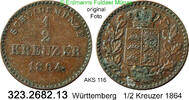 Württemberg 1/2 Kreuzer 1864 Wilhelm I. 1816-1864 . 323.2682.13 ss 4.33 £  +  41.40 £ shipping