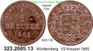 Württemberg 1/2 Kreuzer 1869 Karl 1864.1891 . 323.2685.13 ss 6.94 £  +  41.40 £ shipping
