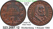 Württemberg 1 Kreuzer 1960 Jaeger 99 . Peter Hebel . 323.2687.12 vz - unc 10.40 £  +  41.40 £ shipping