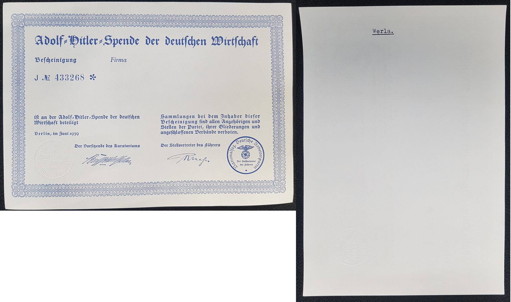 Deutschland / <b>3</b>. <b>Reich</b> Adolf Hitler Spende &quot;Blanko&quot; 1939 Adolf Hi...