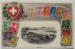 Luzern, Schweiz Präge-Postkarte Luzern mit Abbildung von Schweizer Briefmarken -