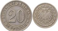 Deutschland 20 Pfennig 20 Pfennig 1890 D ss/vz 9 über 8 geprägt J 014 -