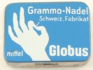Schweiz Grammophon Nadeldose,Globus mittel Grammo-Nadel/Schweiz.Fabrikat -