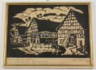 Kirchveischede / Bilstein Original Holzschnitt von Jupp Steinhoff / Sauerländer Bauernhäuser / gerahmt -