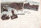 Runkel Litho/Gruss aus Runkel./Conrad-Denkmal./Runkel mit Schadeck. -