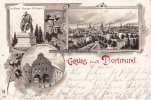 Dortmund Litho/Gruss aus Dortmund./Denkmal Kaiser Wilhelm I./Altes Rathhaus. -