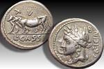 ROMAN REPUBLIC AR silver denarius L. Cassius Caecianus, Rome - obverse control letter B reverse V - -