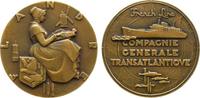 Niederlande Medaille Bronze Flandern, French Line, sitzende Frau in Landestracht mit Windmühle, Leuchtturm, Wappen und Fische / Schiff, v. Marcel Ren -