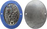 Automobile Kühlerplakette WM versilbert, teilemailliert Heidelberg - auf die 2. Heidelberger ADAC-Mitternachtsfahrt, Kirche - Mond und Eichenlaub, einseit -