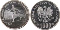 Polen 1000 Zlotych Ag Olympische Winterspiele 1988, Skilanglauf, Probe, etwas angelaufen, etwas fleckig -