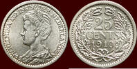 Koninkrijk der Nederlanden NEDERLAND (NETHERLANDS, KINGDOM) - WILHELMINA, 1890-1948 - 25 Cents 1910 unz- /  unz