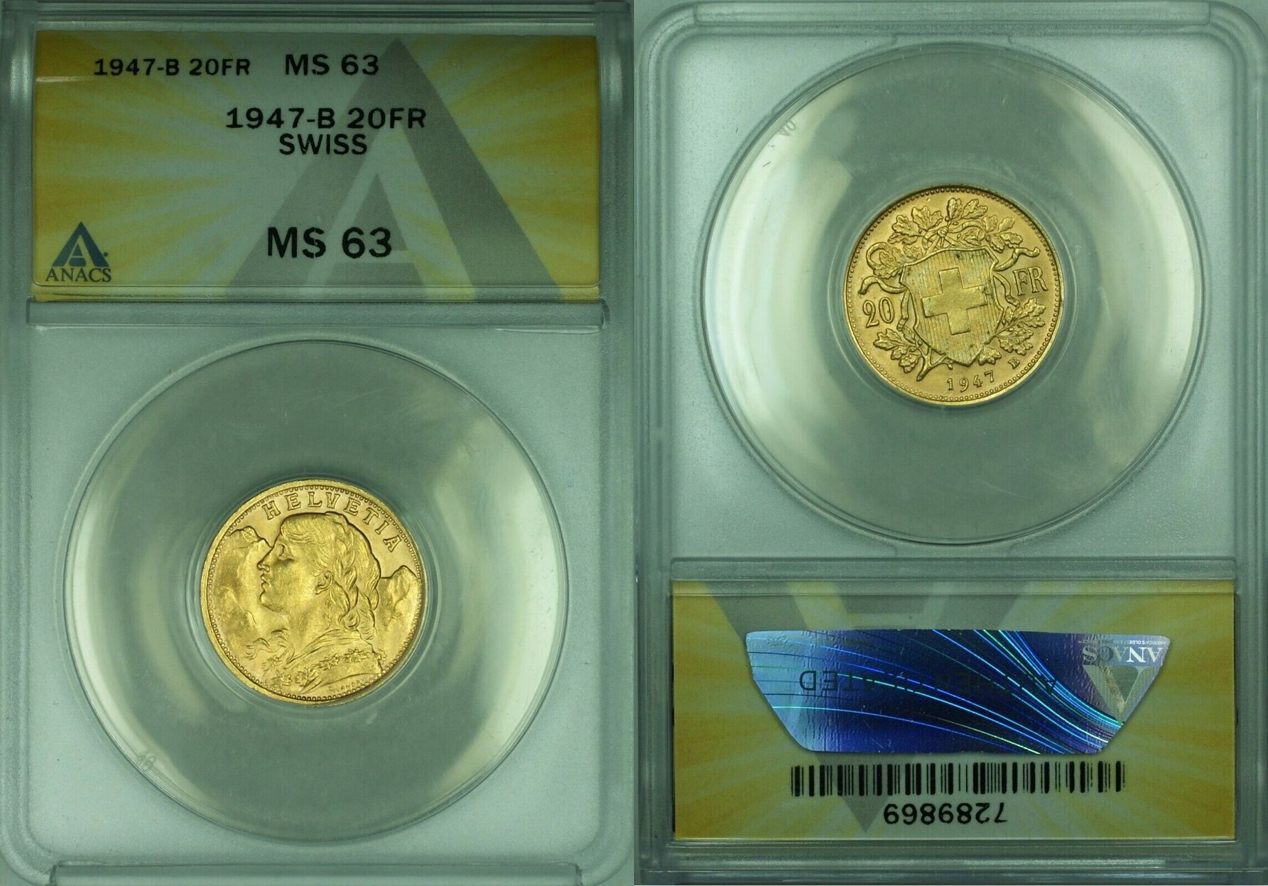 Weltm nzen 20 Francs 1947 B Swiss Switzerland Gold Coin ANACS MS