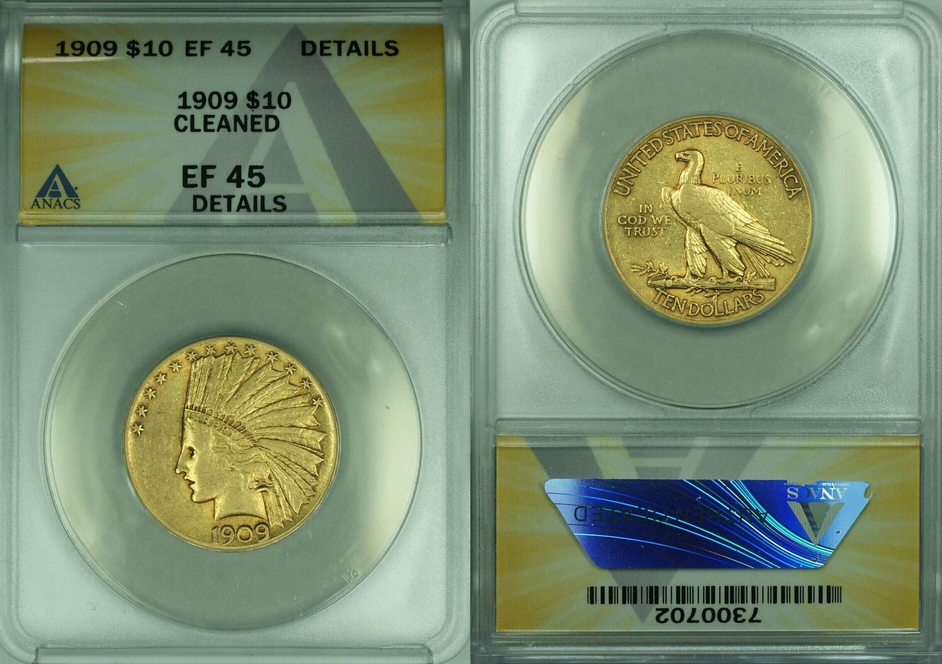 USA 10 Gold 1909 Indian Head Eagle Coin ANACS EF 45 Details