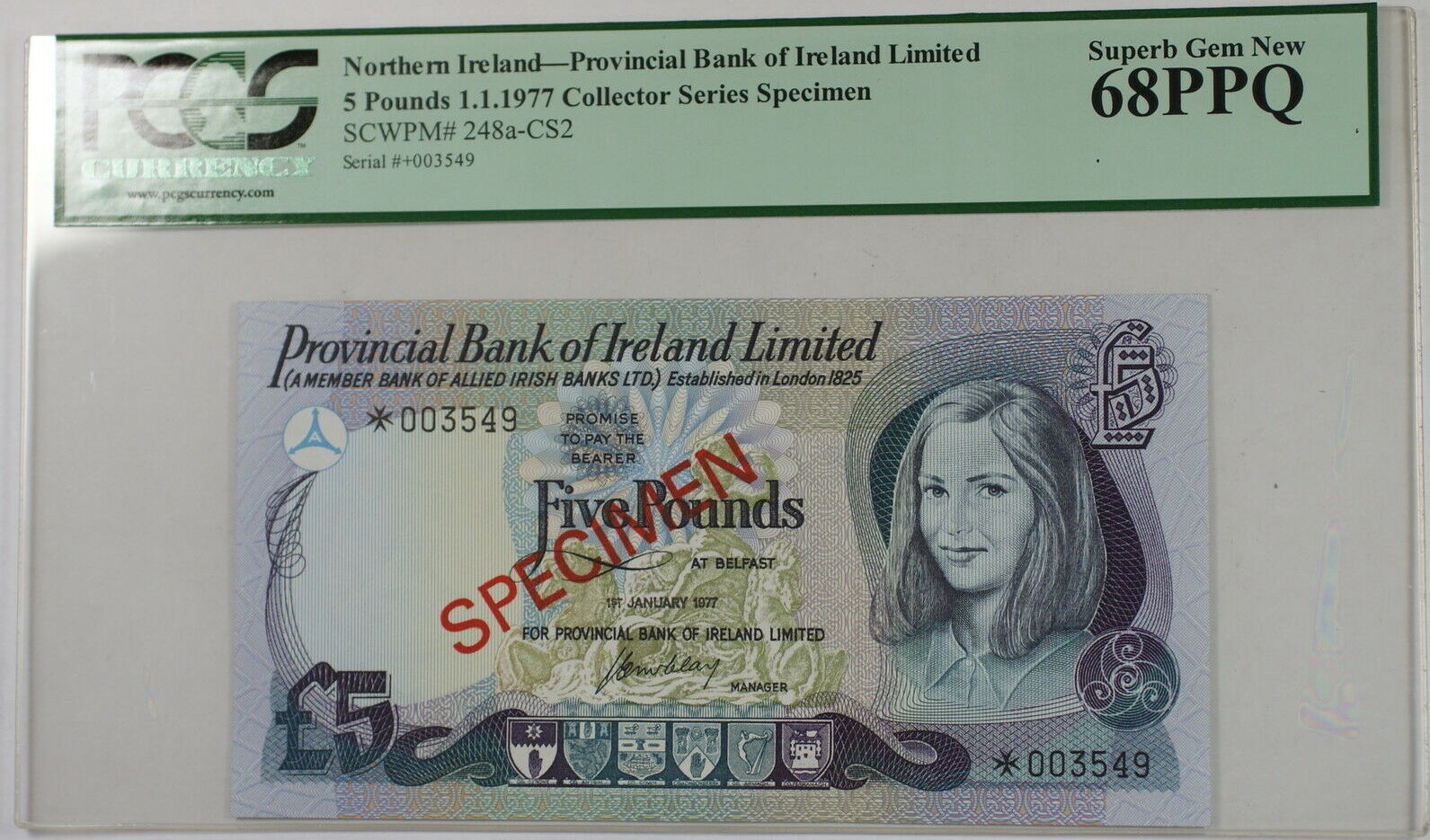 5 Pound 1977 Northern Ireland Specimen Note SCWPM248a-CS2 PCGS 68