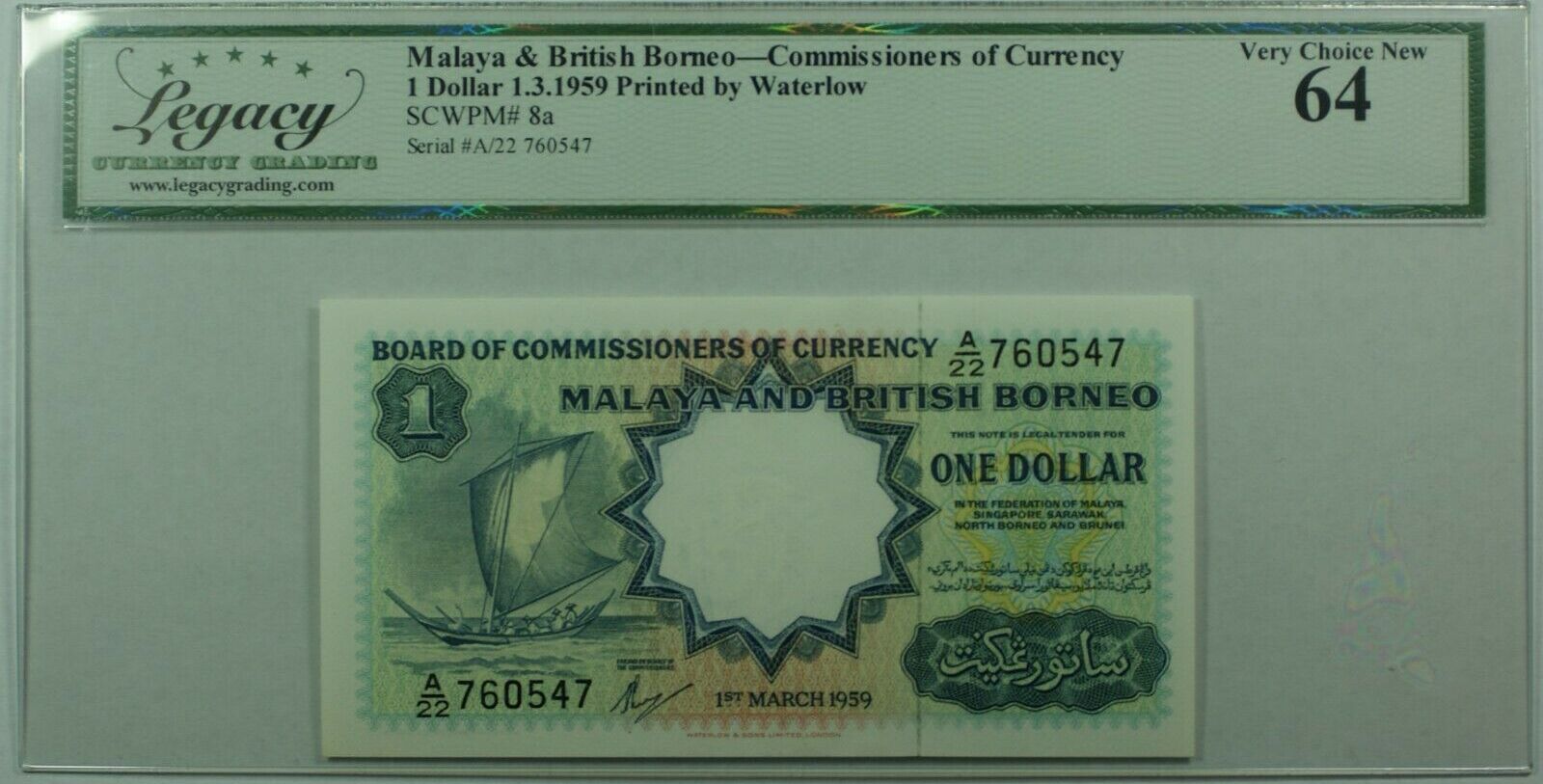 Banknoten 1 Dollar 1.3.1959 Malaya u0026 British Borneo $ Note SCWPM# 8a Legacy  Very Ch New 64 Legacy Very Choice New 64 | MA-Shops