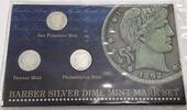 USA Barber Dime Mint Mark Set - 3 Coins P, D & S in Info Holder-Avg Circ -