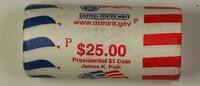 USA $1 Coin 2009-P James K Polk Presidential Dollar Roll BU 25 $1 Coins Bank Wrapped OBW -