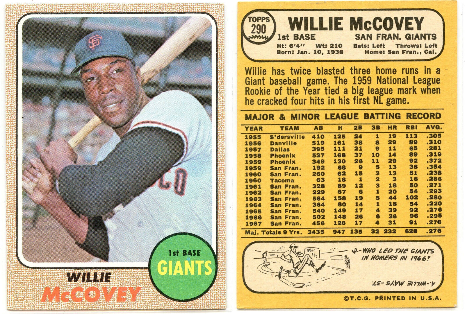 Willie McCovey 290 Topps San Francisco Giants Vintage Baseball Card - CA780