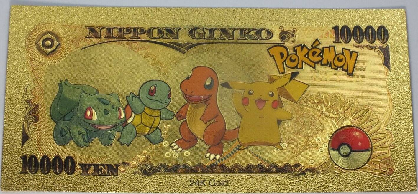 USA Banknoten Pokemon Charmander Eevee 10B Yen Novelty 24K Gold Foil Plated  Note Bill GFN52