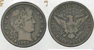 USA Half Dollar 1907-D Silver Barber 50c Denver Mint -SS759 -