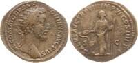 Römische Kaiserzeit Dupondius Commodus, Salus steht nach links, hält Zepter und füttert Schlange über Altar -