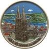 Köln, Stadt Große hohlgeprägte versilberte Plakette ohne Signatur, fein koloriert, Ansicht Dom von Westen im Hintergrund der Rhein -