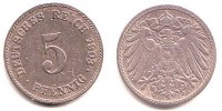 5 Pfennig 1902 J Kaiserreich Kursmünze, großer Adler f.st