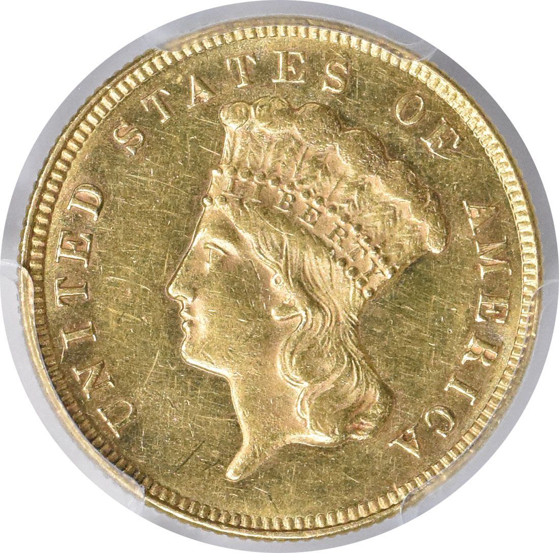 US Three Dollar 1874 $3 Gold AU58 PCGS Reeded AU