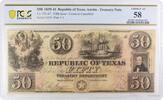 US Fifty Dollar $50 1839-41 Republic of Texas, Austin A7 Crosscut Cancelled Serial #6252 Choice AU58 PCGS -