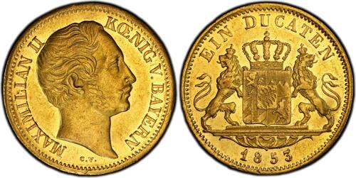 Weltmünzen Ducat 1853 German States Bavaria  Maximilian II Prooflike EF rare