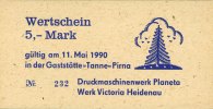 Banknoten 5 Mark DDR: Gaststätte TANNE Pirna Wertschein 1990 I -