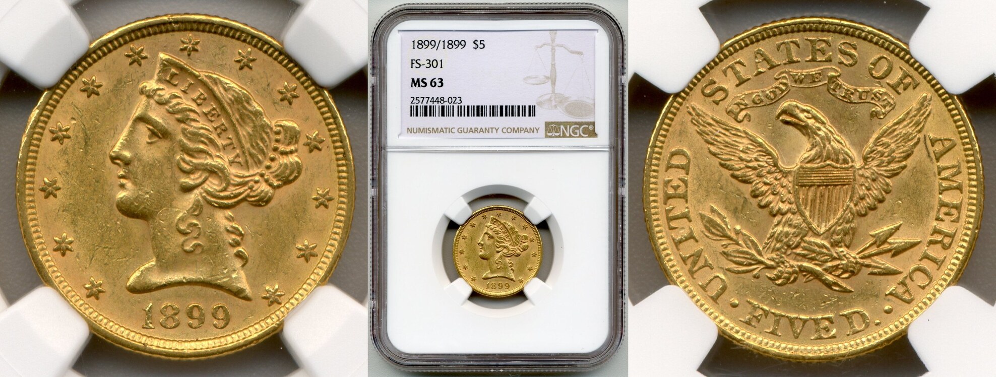 USA 1899 5 RPD FS 301 MS63 NGC MA Shops